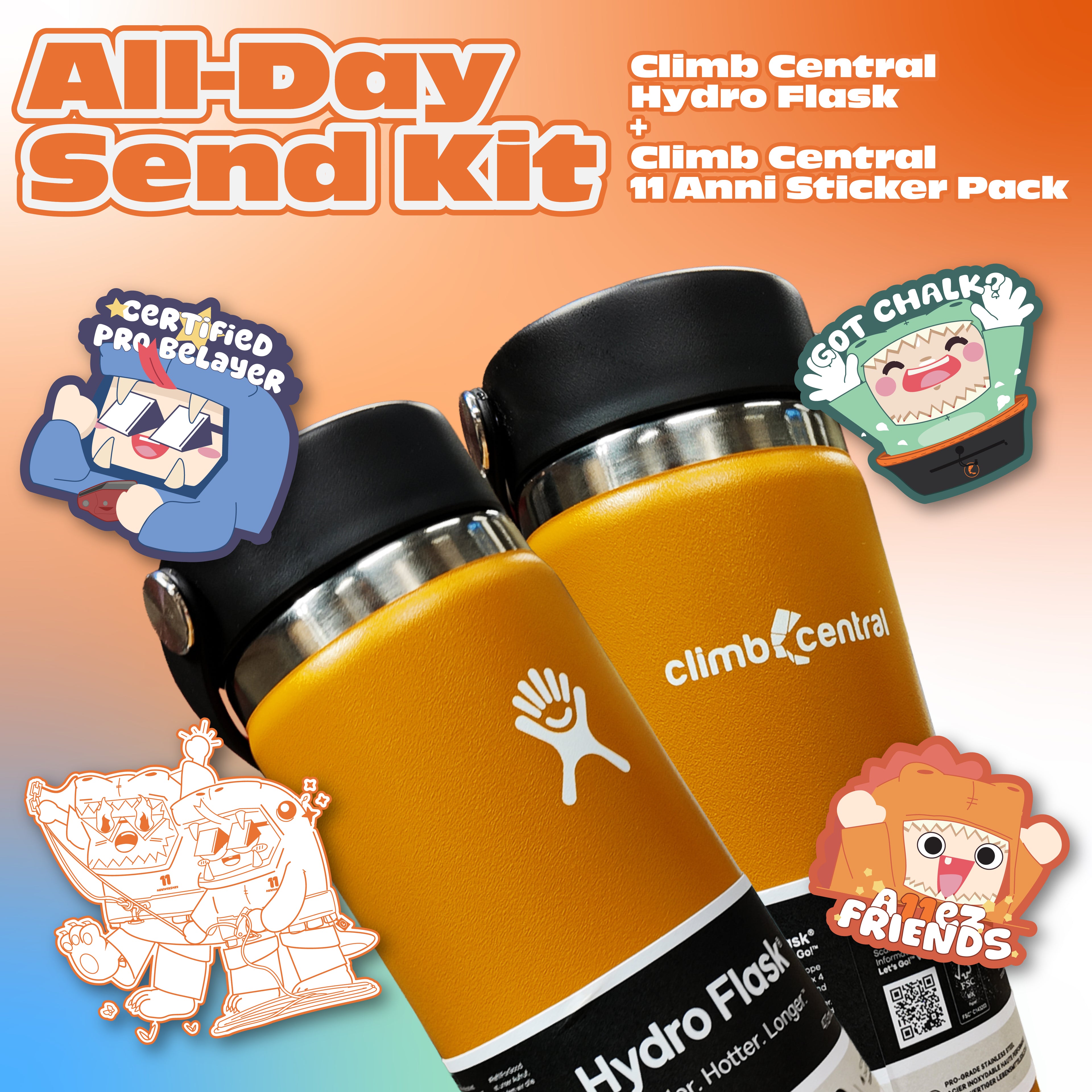 All-Day Send Kit — Climb Central Hydro Flask + 11 Anni Sticker Pack